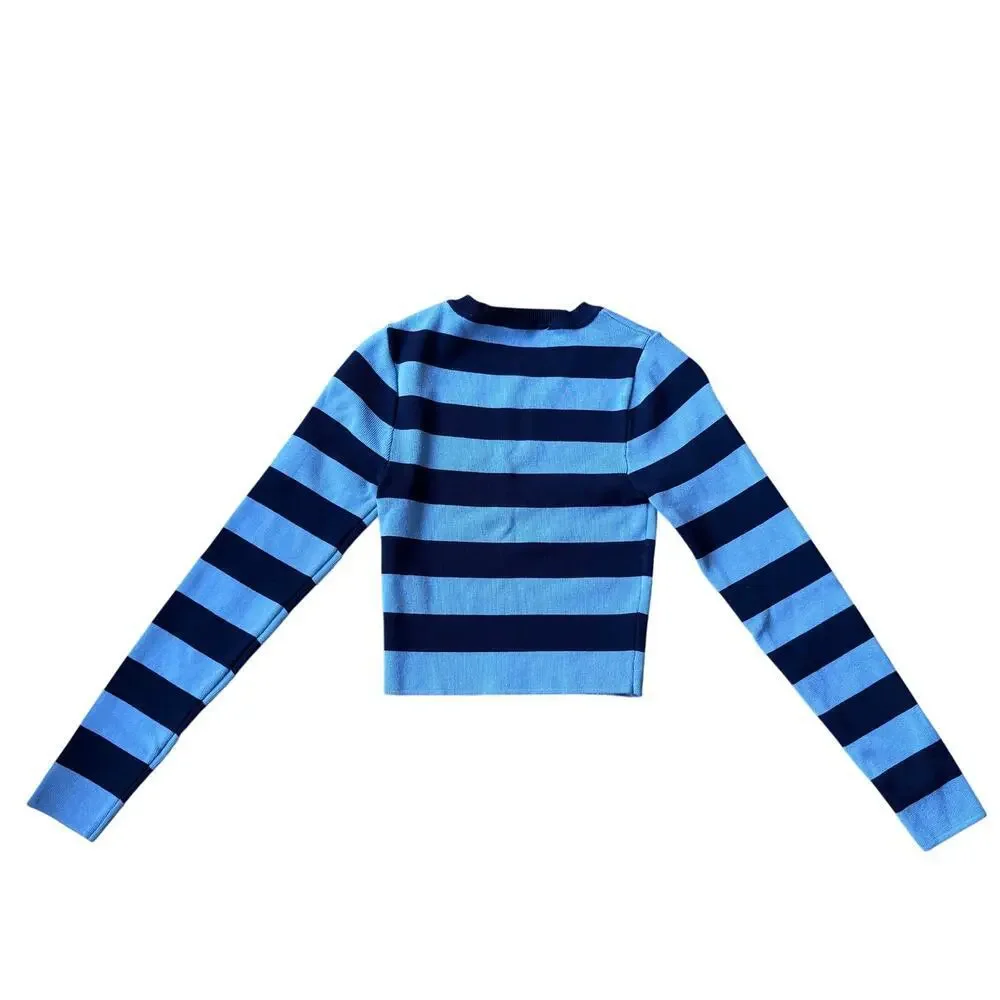 Zara Navy Blue Striped Ribbed Knit Long Sleeve Cropped Top Size S 90's Y2K